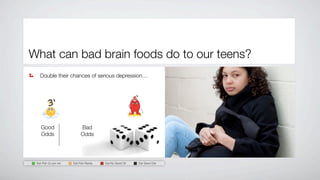 What can bad brain foods do to our teens?
   Double their chances of serious depression…




    Good                   Bad
    Odds                   Odds




 Eat Fish 2x per wk   Eat Fish Rarely   Eat No Seed Oil   Eat Seed Oils
 
