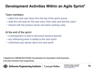 Development Activities Within an Agile Sprint1

  Team members
    • select the next user story from the top of the sprint queue.
    • write the unit tests for the user story, then write and test the code.2
    • interact with the product owner and demo working code.


  At the end of the sprint
    • a retrospective is held to document lessons learned
    • any refactoring work is added to the next sprint
    • unfinished user stories slip to the next sprint




1.Adapted from CMU/SEI-2010-TN-002; Considerations for Using Agile in DoD Acquisition
2.Two team members if pair programming

                                                                              Timothy A. Chick, July 2011
                                                                              © 2011 Carnegie Mellon University   14
                                                                              Twitter #seiwebinar
 