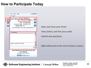 How to Participate Today




                      Open and close your Panel

                      View, Select, and Test your audio

                      Submit text questions



                      Q&A addressed at the end of today’s session




                                              Timothy A. Chick, July 2011
                                              © 2011 Carnegie Mellon University   4
                                              Twitter #seiwebinar
 