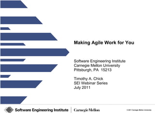 Making Agile Work for You


Software Engineering Institute
Carnegie Mellon University
Pittsburgh, PA 15213

Timothy A. Chick
SEI Webinar Series
July 2011




                                 © 2011 Carnegie Mellon University
 