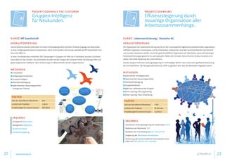 Projektcode#rums
Effizienzsteigerung durch
neuartige Organisation aller
Arbeitszusammenhänge.
Fakten
Zahl der betroffenen Mitarbeiter 1700
Laufzeit des Projektes 30 Monate
Projektbudget für externe Kosten 3,2 Mio €
Kunde: Lebensversicherung | Deutsche AG
Herausforderung
Die Organisation der Lebensversicherung war durch den ursprünglichen Eigentümer (Gewerkschafts-organisation)
ineffizient organisiert. Kostenquote und Durchlaufzeiten entsprachen nicht dem branchenüblichen Durchschnitt
und mussten verbessert werden. Durch die gewerkschaftliche Organisation der Mitarbeiter waren alle bisherigen
Kostenoptimierungsprogramme ins Leere gelaufen. Neben der formalen hierarchischen Struktur existierte eine
zweite, informelle Steuerung des Unternehmens.
Ziel des Designs sollte eine Leistungssteigerung im mehrstelligen Bereich sein, sowie eine signifikante Verkürzung
der Durchlaufzeiten. Der Reorganisationsprozess sollte so gestaltet sein, dass alle Mitarbeiter begeistert waren.
Methoden
■■ Systemischer Strategieprozess
■■ Kybernetisches Steuerungsportfolio
■■ Mitarbeiterbeteiligung
■■ Gruppenkonferenz
■■ Agile bzw. selbststeuernde Gruppen
■■ Action Learning Führungstraining
■■ Action Learning Team Entwicklung
Ergebnis
Gemessene Leistungssteigerung der Organisation 30 %
Reduktion der Mitarbeiter 320
Reduktion der Krankheitsquote von 14% auf 5 %
Steigerung der Mitarbeiterzufriedenheit
Verkürzung der durchschnittlichen Durchlaufzeit eines
Falles von fünf Wochen auf 7 Stunden
Projektcode#Face the Customer
Gruppen-Intelligenz
für Neukunden.
Fakten
Zahl der betroffenen Mitarbeiter 600
Laufzeit des Projektes 2 Jahre
Projektbudget für externe Kosten 300.000 €
Kunde WP Gesellschaft
Herausforderung
Interne Wachstumsziele verbunden mit einem Verdrängungsmarkt erfordern kreative Zugänge auf Neukunden.
In einer Großgruppenkonferenz präsentieren „Noch nicht Kunden“ die Gründe, weshalb die WP Gesellschaft nicht
ihre erste Wahl ist.
In einer Live-Moderation entwickeln 500 Topmanager in Gruppen mit Hilfe von E-Facilitation simultan in Echtzeit
neue Ideen für den Kunden. Die potentiellen Kunden werden Zeugen der kreativen Power der Manager-Elite und
geben begeistertes Feedback. Neue Anbahnungen in Millionenhöhe werden abgeschlossen.
Methoden
■■ E-Facilitation
■■ Großgruppenmoderation
■■ Gruppenintelligenz
■■ Mitarbeiterbeteiligung
■■ Kybernetisches Steuerungsportfolio
strategischer Themen
Ergebnis
Strategische Neukunden
Management-Alignment
Bereichsstrategie
Umsatzverdopplung
22 23www.pelzerap.de
 