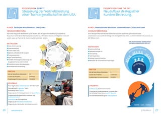 Projektcode# GoWest
Steigerung der Vertriebsleistung
einer Tochtergesellschaft in den USA.
Fakten
Zahl der betroffenen Mitarbeiter 30
Laufzeit des Projektes 6 Monate
Projektbudget für externe Kosten 120.000 €
Kunde Deutscher Maschinenbau. OMB | KMU
Herausforderung
Nach einer Analyse des Wettbewerbs wurde deutlich, dass die eigene Vertriebsleistung mangelhaft ist.
Passend zum vorhandenen Mitarbeiterpotenzial sollen neue Vertriebsstrukturen und Fähigkeiten entwickelt
werden, sowie das Team bei der Zusammenarbeit unterstützt werden.
Methoden
■■ Ocean Action Learning
■■ Systemaufstellung
■■ Lumina Talent Scan
■■ Agile bzw. selbststeuernde Gruppen
■■ Prozessmoderation
■■ Agile Teamentwicklung
■■ TeamBits Technologie zur Steuerung von
Gruppenevents live und in Echtzeit
■■ Persönliche Lumina Vertriebsanalyse
■■ Vertriebsprozess-Entwicklung
Ergebnis
Neue Organisation selbststeuernder Vertriebs-Teams
Neuorganisation regionaler Teams
Entwicklung neuer Logistik
Steigerung des Vertriebsergebnisses um das dreifache
Gruppenneubildung persönlich entwickelt und
funktionsorientiert
Entwicklung der Führungsebene
Steigerung der Mitarbeiterzufriedenheit
Steigerung des individuellen Vertriebseinkommens
Projektcode#Save the Day
Neuaufbau strategischer
Kunden-Betreuung.
Fakten
Zahl der betroffenen Mitarbeiter 3
Laufzeit des Projektes 12 Monate
Projektbudget für externe Kosten 165.000 €
Kunde Internationaler deutscher Softwarekonzern | Executive Level
Herausforderung
Durch Reorganisation beim Kunden (AG/Konzern) wurden bestehende, persönliche Kontakte
unterbrochen und auslaufende Verträge nicht weitergeführt. Das führte zu einem drohenden Umsatzverlust von
600 Millionen € p.A.
Methoden
■■ Systemaufstellung
■■ Motivationsanalyse ILC
■■ Live Coaching
■■ Team-Supervision
■■ Desktop Executive Coaching
■■ Methoden der humanistischen Psychologie
Ergebnis
Stabilisierung des Konzernumsatzes
Erhöhung des kundenbezogenen Umsatzes über
das bisherige Niveau hinaus nach 15 Monaten
Persönlichkeitsentwicklung der Führungsebene
Drei aufeinander aufbauende
Entwicklungsfelder des ILC:
Inspire – Lead – Change
Business Management
Team Leadership
S
elf Navigation
26 27www.pelzerap.de
 