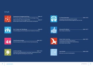 Inhalt
Cost4 Emotion-Analyse ............................................... Seite 10-11
Gute Stimmung bei den Mitarbeitern für Ihren Unternehmenserfolg
Systemische Strategieentwicklung ................................ Seite 4-5
Auf den Bedarf abgestimmter Methoden-Mix für nachhaltigen Change
Kybernetisches Steuerungsportfolio ............................. Seite 6-7
Konsens über die Themen herstellen, diese vernetzen und bewerten
Lumina Learning .......................................................... Seite 12-13
Coaching und Teamentwicklung mit Lumina Spark, Salestraining mit Lumina
Sales, Führungskräfte-Entwicklung mit Lumina Leader
Die 12 Säulen der Beteiligung ........................................ Seite 8-9
Echtzeit-Beteiligung mit hoher Akzeptanz durch moderierte E-Facilitation
ILC-Potenzialanalyse.................................................... Seite 14-15
Individuelles Einzel-Coaching mit EOS- Gutachten
(Entwicklungs-Orientiertes Selbstmanagement) nach Prof. Kuhl
Kulturprofil-Indikator .................................................. Seite 16-17
Kultur-Analyse und Workshop
Ocean Action Learning ................................................ Seite 18-21
Teamtraining und Einzelcoachings Off Shore
in Kombination mit Strategie- oder Teamentwicklung
NEU: Outdoor Action Learning
Case-Studies ................................................................. Seite 22-29
Referenzen aus unseren Kundenprojekten
2 3www.pelzerap.de
 