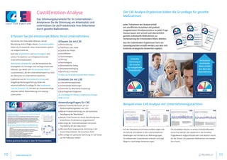 Sie kennen ihre finanziellen Bilanzen, die der
Beurteilung Ihres Erfolges dienen; Finanzkennzahlen
bilden die Produktivität eines Unternehmens jedoch
nur eingeschränkt ab.
Auch die Umweltbilanz und Nachhaltigkeit sind
weitere Perspektiven auf erfolgsbestimmende
Unternehmensaktivitäten.
Mitarbeiterzufriedenheit und die Attraktivität des
Arbeitgebers für Einsteiger sind wichtige emotionale
Faktoren, aus denen sich die emotionale Bilanz
zusammensetzt, die den Unternehmenswert aus Sicht
der Menschen im Unternehmen bestimmt.
Ergebnisse aus der Motivationsforschung und
langjährige Beratungserfahrung bilden die
wissenschaftliche Grundlage für das Analysetool
Cost for Emotion C4E, mit dem wir Zusammenhänge
zwischen Gefühl, Wertschätzung und Leistung
untersuchen.
Erfassen Sie mit C4E
■■ Wertschätzung
■■ Zeiteffizienz der Arbeit
■■ Qualität der Arbeit
■■ Identifikation
■■ Teamintelligenz
■■ Führung
■■ Nachhaltigkeit
■■ Wirtschaftlicher Erfolg
■■ Mitarbeiterbeteiligung
■■ Beziehung zu Kunden
in mehr als 50 einzeln betrachteten Feldern
Ermitteln Sie mit C4E
■■ Unternehmenspotentiale
■■ Vorhandende Belastungen
■■ Potentiale für Mitarbeiter-Auslastung
■■ Brachliegende Fähigkeiten
als Grundlage für effizient eingesetzte Change-
Maßnahmen.
Anwendungsfragen für C4E
■■ Wieviel Produktivität kostet uns ein
Weiterempfehlungsfaktor von 3 %?
■■ Wieviel Produktivität bringt uns die kostenlose
Verpflegung der Mitarbeiter?
■■ Wieviel Profit können wir durch Einrichtung einer
kostenfreien Kinderbetreuung generieren?
■■ Wie steigt der Unternehmenswert mit einem
Top-Ranking bei den New Hires?
■■ Wie beeinflusst angespannte Stimmung in der
Automobilproduktion die Ausschuss-Rate?
■■ Wie schlägt sich gedrückte Stimmung im Call Center
auf die Fallkosten nieder?
Cost4Emotion-Analyse
Das Stimmungsbarometer für ihr Unternehmen –
Analysieren Sie die Stimmung am Arbeitsplatz und
unterstützen Sie die Produktivität ihrer Mitarbeiter
durch gezielte Maßnahmen.
Cost for Emotion
®
Erfassen Sie die emotionale Bilanz Ihres Unternehmens
Online gestützte Analyse in über 50 Themenfeldern
Die C4E Analyse-Ergebnisse bilden die Grundlage für gezielte
Maßnahmen
Schlechte
Stimmung ist
die Ursache
für mangelhafte
Produktivität
Verbesserte
emotionale
Bilanz erhöht
den Wert des
Unternehmens
Jeder Teilnehmer der Analyse erhält
ein schriftliches Gutachten mit grafisch
ausgewerteten Einzelparametern zu jeder Frage.
Daraus lassen sich schnell und übersichtlich
gezielte individuelle Maßnahmen zur
Verbesserung der Emotionalen Bilanz ableiten.
Aus den individuellen Ergebnissen kann ein
Gesamtgutachten erstellt werden, aus dem sich
konkrete strategische Antworten ergeben.
Beispiel einer C4E-Analyse mit Unternehmensgutachten:
Auf der Datenbasis errechnete Grafiken zeigen klar
die Defizite und Stärken in den unterschiedlichen
Abteilungen und Verhältnis zur Referenzgruppe.
Ein erläuternder Gutachtentext erläutert und zeigt
Wege für nachhaltige Verbesserungen.
Die Einzeldaten können zu einem Produktivitätsindex
verrechnet werden, der wiederum in die einzelnen
Fragenbereich aufgeschlüsselt wird und deutlich macht,
wo der Einsatz von geplanten Maßnahmen am meisten
Sinn macht.
Mehr Informationen, Beispiele und Online-Analyse auf: www.cost4emotion.de10 11www.pelzerap.de
 