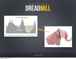 frenemy #2 - the industry

                         dreadmill




                                  Seize the day!
Monday, January 21, 13
 