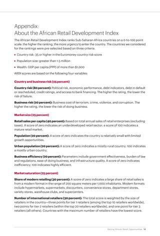 14Seizing Africa’s Retail Opportunities
Appendix:
About the African Retail Development Index
The African Retail Development Index ranks Sub-Saharan Africa countries on a 0-to-100 point
scale: the higher the ranking, the more urgency to enter the country. The countries we considered
for the rankings were pre-selected based on three criteria.
•	 Country risk: 35 or higher in the Euromoney country-risk score
•	 Population size: greater than 1.5 million
•	 Wealth: GDP per capita (PPP) of more than $1,000
ARDI scores are based on the following four variables:
Country and business risk (25 percent)
Country risk (80 percent): Political risk, economic performance, debt indicators, debt in default
or rescheduled, credit ratings, and access to bank financing. The higher the rating, the lower the
risk of failure.
Business risk (20 percent): Business cost of terrorism, crime, violence, and corruption. The
higher the rating, the lower the risk of doing business.
Market size (25 percent)
Retail sales per capita (40 percent): Based on total annual sales of retail enterprises (excluding
taxes). A score of zero indicates an underdeveloped retail sector; a score of 100 indicates a
mature retail market.
Population (20 percent): A score of zero indicates the country is relatively small with limited
growth opportunities.
Urban population (20 percent): A score of zero indicates a mostly rural country; 100 indicates
a mostly urban country.
Business efficiency (20 percent): Parameters include government effectiveness, burden of law
and regulations, ease of doing business, and infrastructure quality. A score of zero indicates
inefficiency; 100 indicates highly efficient.
Market saturation (25 percent)
Share of modern retailing (30 percent): A score of zero indicates a large share of retail sales is
from a modern format in the range of 200 square meters per 1,000 inhabitants. Modern formats
include hypermarkets, supermarkets, discounters, convenience stores, department stores,
variety stores, warehouse clubs, and supercenters.
Number of international retailers (30 percent): The total score is weighted by the size of
retailers in the country—three points for tier 1 retailers (among the top 10 retailers worldwide),
two points for tier 2 retailers (within the top 20 retailers worldwide), and one point for tier 3
retailers (all others). Countries with the maximum number of retailers have the lowest score.
 