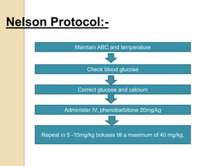 Nelson Protocol:-
Maintain ABC and temperature
Check blood glucose
Correct glucose and calcium
Administer IV, phenobarbitone 20mg/kg
Repeat in 5 -10mg/kg boluses till a maximum of 40 mg/kg,
 