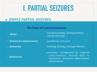 I. PARTIAL SEIZURES
No#loss#of#consciousness
• Motor
convulsive*jerking,*chewing*motions,!
!and!lip$smacking.$
• Sensory(&(somatosensory paresthesias)and)auras
• Autonomic sweating,*+lushing,*and*pupil*dilation.*
• Behavioral
sometimes' accompanied' by' impaired'
consciousness,) include) déjà) vu)
experiences,* structured* hallucinations,*
and$dysphasia.$
a.#SIMPLE#PARTIAL#SEIZURES:
 