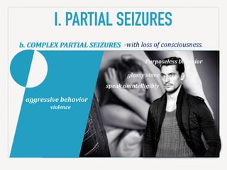 b.#COMPLEX(PARTIAL(SEIZURES
I. PARTIAL SEIZURES
b.#COMPLEX(PARTIAL(SEIZURES
violence
aggressive(behavior
Purposeless)behavior
glassy&stare
speak&unintelligibly!
!with&loss$of$consciousness.
 
