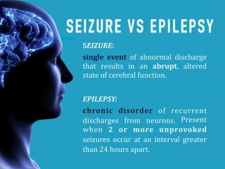 SEIZURE VS EPILEPSY
SEIZURE:"
single' event! of! abnormal! discharge!
that$ results$ in$ an$ abrupt," altered"
state%of%cerebral%function.!
EPILEPSY:""
chronic' disorder! of! recurrent!
discharges* from* neurons.! Present!
when% 2" or" more" unprovoked!
seizures' occur' at' an' interval' greater'
than%24%hours%apart.
 