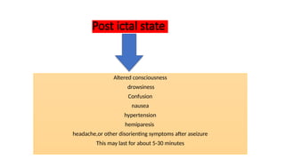 Post ictal state
Altered consciousness
drowsiness
Confusion
nausea
hypertension
hemiparesis
headache,or other disorienting symptoms after aseizure
This may last for about 5-30 minutes
 
