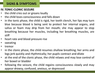 SIGNS & SYMPTOMS
IV. TONIC-CLONIC SEIZURE
• the child cries out or groans loudly
• the child loses consciousness and falls down
• in the tonic phase, the child is rigid, her teeth clench, her lips may turn
    blue because blood is being sent to protect her internal organs, and
    saliva or foam may drip from her mouth; she may appear to stop
    breathing because her muscles, including her breathing muscles, are
    stiff
• heart rate and blood pressure rise
• sweating
• tremor
• in the clonic phase, the child resumes shallow breathing; her arms and
    legs jerk quickly and rhythmically; her pupils contract and dilate
• at the end of the clonic phase, the child relaxes and may lose control of
    her bowel or bladder
• following the seizure, the child regains consciousness slowly and may
    appear drowsy, confused, anxious, or depressed
 