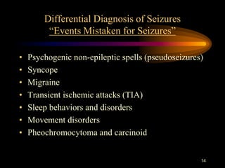 14
Differential Diagnosis of Seizures
“Events Mistaken for Seizures”
• Psychogenic non-epileptic spells (pseudoseizures)
• Syncope
• Migraine
• Transient ischemic attacks (TIA)
• Sleep behaviors and disorders
• Movement disorders
• Pheochromocytoma and carcinoid
 