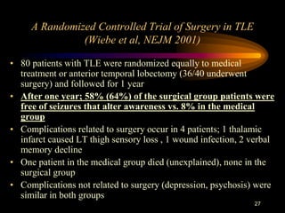 27
A Randomized Controlled Trial of Surgery in TLE
(Wiebe et al, NEJM 2001)
• 80 patients with TLE were randomized equally to medical
treatment or anterior temporal lobectomy (36/40 underwent
surgery) and followed for 1 year
• After one year; 58% (64%) of the surgical group patients were
free of seizures that alter awareness vs. 8% in the medical
group
• Complications related to surgery occur in 4 patients; 1 thalamic
infarct caused LT thigh sensory loss , 1 wound infection, 2 verbal
memory decline
• One patient in the medical group died (unexplained), none in the
surgical group
• Complications not related to surgery (depression, psychosis) were
similar in both groups
 