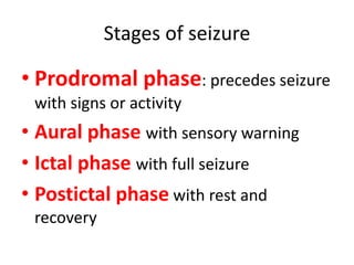 Stages of seizure
• Prodromal phase: precedes seizure
with signs or activity
• Aural phase with sensory warning
• Ictal phase with full seizure
• Postictal phase with rest and
recovery
 