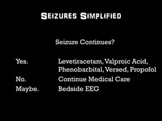 Seizures Simplified 
Seizure Continues? 
Yes. Levetiracetam, Valproic Acid, 
Phenobarbital, Versed, Propofol 
No. Continue Medical Care 
Maybe. Bedside EEG 
 