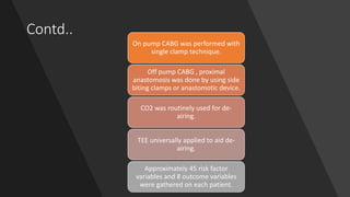 Contd..
On pump CABG was performed with
single clamp technique.
Off pump CABG , proximal
anastomosis was done by using side
biting clamps or anastomotic device.
CO2 was routinely used for de-
airing.
TEE universally applied to aid de-
airing.
Approximately 45 risk factor
variables and 8 outcome variables
were gathered on each patient.
 