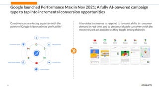 20
Google launched Performance Max in Nov 2021; A fully AI-powered campaign
type to tap into incremental conversion opportunities
Combine your marketing expertise with the
power of Google AI to maximize profitability
AI enables businesses to respond to dynamic shifts in consumer
demand in real time, and to present valuable customers with the
most relevant ads possible as they toggle among channels
 