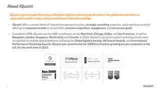 3
About iQuanti
iQuanti ignites powerful and predictable digital marketing performance for global brands with an
approach rooted in data science and deep vertical knowledge.
• iQuanti oﬀers a unique blend of channel management services, strategic consulting expertise, and proprietary product
oﬀerings to empower brands to exceed their customer acquisition, engagement, and conversion goals.
• Founded in 2008, iQuanti now has 600+ employees across New York, Chicago, Dallas, and San Francisco, as well as
Bangalore, London, Singapore, Mexico City and Toronto. In 2022, iQuanti’s top performance marketing results were
recognized on multiple global platforms including the Global Agency Awards, UK Search Awards, and International
Performance Marketing Awards. iQuanti was named to the Inc.5000 list of fastest-growing private companies in the
U.S. for the ninth time in 2023.
 