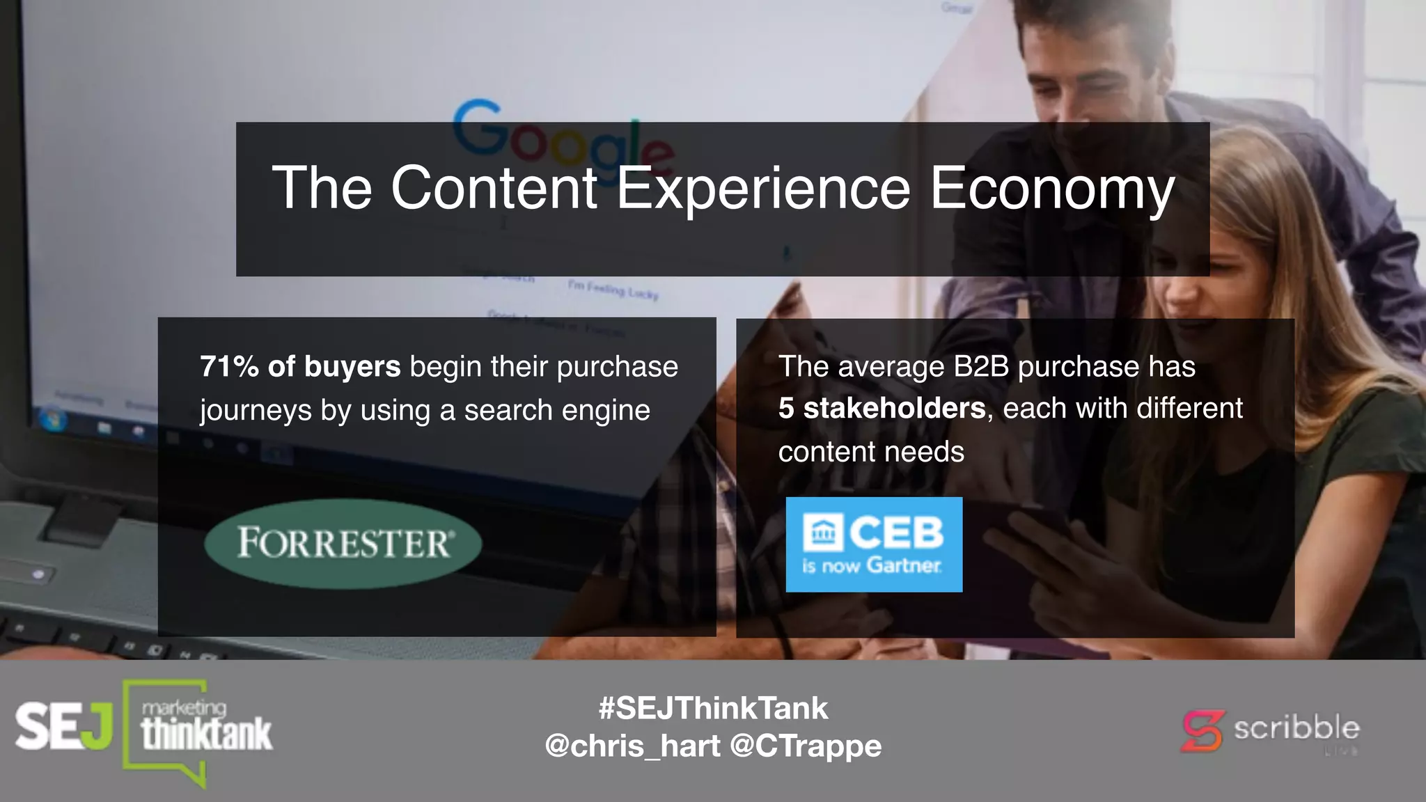 The Content Experience Economy
71% of buyers begin their purchase
journeys by using a search engine
The average B2B purchase has
5 stakeholders, each with different
content needs
#SEJThinkTank
@chris_hart @CTrappe
 