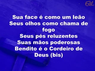 Sua face é como um leão Seus olhos como chama de fogo Seus pés reluzentes Suas mãos poderosas Bendito é o Cordeiro de Deus (bis) 