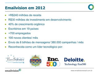 Emailvision em 2012
● +R$240 milhões de receita
● R$30 milhões de investimento em desenvolvimento
● 40% de crescimento orgânico
● Escritórios em 19 países
● +700 empregados
● 100 novos clientes/ mês
● Envio de 8 bilhões de mensagens/ 380.000 campanhas / mês
● Reconhecida como um líder tecnológico por:




                                                www.emailvisionbrasil.com.br
 