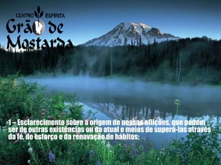1 – Esclarecimento sobre a origem de nossas aflições, que podem ser de outras existências ou da atual e meios de superá-las através da fé, do esforço e da renovação de hábitos; 