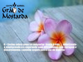 4 – Ensino sobre como se comportar  frente à vida,  valorizando-a, enaltecendo-a e superando suas dificuldades com  coragem e discernimento, caminho seguro para a paz de espírito; 