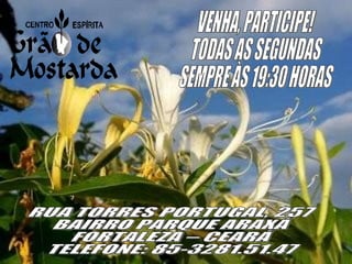VENHA, PARTICIPE! TODAS AS SEGUNDAS SEMPRE ÀS 19:30 HORAS RUA TORRES PORTUGAL, 257 BAIRRO PARQUE ARAXÁ FORTALEZA – CEARÁ TELEFONE: 85-3281.51.47 