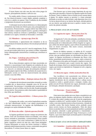 6 ARQUIVO DO AGRÔNOMO Nº 7 - DEZEMBRO/94
2.4. Ácaro branco - Polyphagotarsonemus latus (Foto 25)
O ácaro branco tem sido uma das mais sérias pragas do
feijoeiro, principalmente durante a safra da seca.
No estádio adulto é branco e praticamente invisível a olho
nú. Seu desenvolvimento é muito rápido, podendo completar o
ciclo (ovo a adulto) em apenas 5 dias. Condições de alta umidade
e temperatura favorecem sua ocorrência.
A infestação inicial se dá em reboleiras e é evidenciada pelo
enrolamento das bordas dos folíolos para cima, principalmente os
dos ponteiros. Posteriormente, a página inferior das folhas torna-
se bronzeada e a superior amarelo-escuro e, quando a infestação é
mais intensa, tornam-se coriáceas e quebradiças. O ataque pode
estender-se às vagens, tornando-as bronzeadas e retorcidas.
2.5. Minadores – Agromyza spp. (Foto 26)
Normalmente, o aparecimento dos minadores se dá no
iníciododesenvolvimentodaculturaeéfavorecidoporperíodosde
estiagem.
Os adultos medem cerca de 1 mm de comprimento. Os da-
nos são provocados pelas larvas, que minam as folhas, originando
lesões esbranquiçadas características à medida que consomem os
tecidos.
2.6. Tripes – Caliothrips phaseoli (Foto 27)
Frankliniella schulzei
São as duas principais espécies de tripes encontradas em
feijoeiro e a sua presença é mais freqüente em condições de seca,
no início do desenvolvimento da cultura. A espécie mais comum é
a C. phaseoli e os sintomas de ataque são pontuações esbranqui-
çadas na página superior das folhas, resultantes da sucção da seiva.
Infestações severas no início de desenvolvimento das plantas
causam a seca das folhas.
2.7. Lagarta das folhas – Hedylepta indicata (Foto 28)
Aslagartassãoinicialmenteamareladas,tornando-severdes
à medida que se desenvolvem, atingindo cerca de 20 mm de
comprimento. Sua presença é constatada pela característica que
apresentam, de unir as folhas com fios de seda, ficando protegidas
em seu interior. Seus prejuízos estão relacionados à quantidade de
área foliar que danificam.
2.8. Lagarta cabeça-de-fósforo – Urbanus proteus (Fo-
to 29)
As largartas são verdes, com estrias longitudinais amarelas
e de fácil identificação devido a sua cabeça proeminente de
coloração marrom-escuro. As lagartas são desfolhadoras e se
protegem em seções dobradas das folhas.
2.9. Broca das axilas – Epinotia aporema (Foto30)
As lagartas geralmente iniciam o ataque nos ponteiros das
plantas. Estas são inicialmente branco-esverdeadas, com cabeça
escura, tornando-se amareladas, e posteriormente róseas quando
prestes a empupar. Tem como característica o hábito de unir as
partes vegetativas através de uma teia, onde ficam protegidas.
Causam deformação ou morte dos brotos terminais e folíolos,
podendo ainda broquear pecíolos e ramos, construindo uma galeria
descendente. É comum causar danos às vagens.
2.10. Tamanduá da soja – Sternechus subsignatus
Este besouro que se tornou praga importante da soja tem
sido observado atacando o feijoeiro em algumas regiões do Estado
do Paraná. Tanto os adultos como as formas jovens causam danos
à planta. Os adultos atacam os pecíolos e a haste principal,
desfiando os tecidos ao redor da haste, onde depositam seus ovos.
As larvas desenvolvem-se no interior das hastes, abrindo galerias
em seu interior, que podem provocar a quebra e muitas vezes a
morte das plantas atacadas.
3. PRAGAS QUE ATACAM AS VAGENS
3.1. Lagartas da vagem – Thecla jebus (Foto 31)
Maruca testulalis
As lagartas de T. jebus são achatadas, semelhantes a lesmas.
Sua coloração é variável, sendo o verde a cor predominante. Sua
presença pode ser evidenciada pelo orifício irregular na vagem, o
que a difere das demais lagartas, cujos orifícios de penetração são
mais ou menos circulares. São muito vorazes, destruindo
integralmente os grãos.
Insetos de hábitos noturnos, os adultos de M. testulalis
depositam os ovos principalmente na página inferior das folhas
jovens, mas que também podem ser encontrados nas flores e nas
vagens. As lagartas inicialmente se alimentam das flores e dos
brotos, penetrando posteriormente nas vagens, onde se desenvol-
vem. Alimentam-se dos grãos em formação e expelem os restos de
alimentos e excrementos para a parte externa das vagens. Em
funçãodeseuataque,observa-seoapodrecimentogeneralizadodas
vagens, que tornam-se improdutivas. Empupam no solo e, algumas
vezes, nas vagens.
3.2. Broca da vagem – Etiella zinckenella (Foto 32)
Sua incidência vem aumentando nos últimos anos,
ocasionando perdas elevadas em algumas regiões do país. As
lagartas inicialmente são de coloração branca e cabeça escura,
tornando-se verdes e, quando prestes a empupar, rosadas, atin-
gindo cerca de 20 mm. Penetram nas vagens, destruindo os grãos
em formação, afetando diretamente a produção.
3.3. Percevejos – Nezara viridula
Piezodorus guildini
Estes percevejos podem provocar danos consideráveis aos
grãos, em algumas regiões, durante a safra da seca. Os adultos de
N. viridula são verdes e medem cerca de 16 mm de comprimento,
enquanto os adultos de P. guildini medem 10 mm, são igualmente
verdes e com uma mancha estreita na base do pronoto, variando de
vermelha a preta. São insetos bastante ativos, podendo causar
danos severos mesmo em baixas populações. Além dos danos
diretos no produto final, os insetos prejudicam também a qualidade
das sementes, reduzindo o poder germinativo e transmitindo a
mancha de levedura provocada pelo fungo Nematospora corylli
Peglion, o que causa depreciação acentuada quanto à classificação
comercial do produto.
4. PRAGAS QUE ATACAM OS GRÃOS ARMAZENADOS
4.1. Carunchos – Acanthoscelides obtectus (Foto 33)
Zabrotes subfasciatus (Foto 34)
 