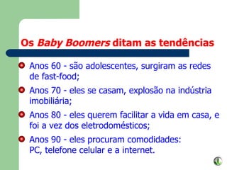 Anos 60 - são adolescentes, surgiram as redes de fast-food; Anos 70 - eles se casam, explosão na indústria imobiliária; Anos 80 - eles querem facilitar a vida em casa, e foi a vez dos eletrodomésticos; Anos 90 - eles procuram comodidades: PC, telefone celular e a internet. Os  Baby Boomers  ditam as tendências 