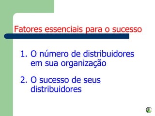 O número de distribuidores em sua organização O sucesso de seus distribuidores Fatores essenciais para o sucesso 