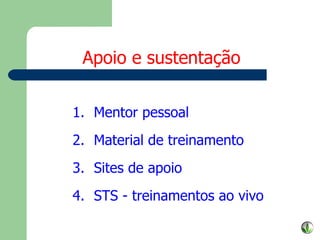 Mentor pessoal Material de treinamento Sites de apoio STS - treinamentos ao vivo Apoio e sustentação 