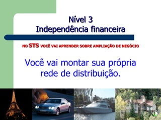 Nível 3 Independência financeira NO  STS  VOCÊ VAI APRENDER SOBRE AMPLIAÇÃO DE NEGÓCIO Você vai montar sua própria rede de distribuição. 