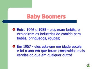 Entre 1946 e 1955 - eles eram bebês, e explodiram as indústrias de comida para bebês, brinquedos, roupas; Em 1957 - eles estavam em idade escolar e foi o ano em que foram construídas mais escolas do que em qualquer outro! Baby Boomers 
