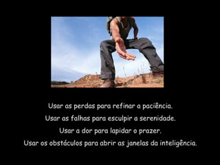 Usar as perdas para refinar a paciência.  Usar as falhas para esculpir a serenidade.  Usar a dor para lapidar o prazer.  Usar os obstáculos para abrir as janelas da inteligência.  