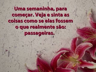 Uma semaninha, para começar. Veja e sinta as coisas como se elas fossem o que realmente são: passageiras.  