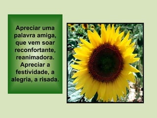 Apreciar uma
palavra amiga,
que vem soar
reconfortante,
reanimadora.
Apreciar a
festividade, a
alegria, a risada.
 