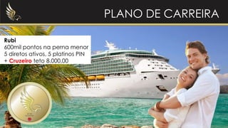 Rubi
600mil pontos na perna menor
5 diretos ativos, 5 platinos PIN
+ Cruzeiro teto 8.000,00
PLANO DE CARREIRA
 