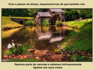 Com o passar do tempo, esquecemo-nos de que também nós 
fazemos parte da natureza e estamos intrinsecamente 
ligados aos seus ciclos. 
 