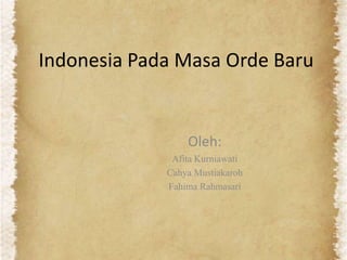 Indonesia Pada Masa Orde Baru

Oleh:
Afita Kurniawati
Cahya Mustiakaroh
Fahima Rahmasari

 