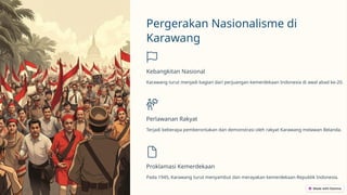 Pergerakan Nasionalisme di
Karawang
Kebangkitan Nasional
Karawang turut menjadi bagian dari perjuangan kemerdekaan Indonesia di awal abad ke-20.
Perlawanan Rakyat
Terjadi beberapa pemberontakan dan demonstrasi oleh rakyat Karawang melawan Belanda.
Proklamasi Kemerdekaan
Pada 1945, Karawang turut menyambut dan merayakan kemerdekaan Republik Indonesia.
 