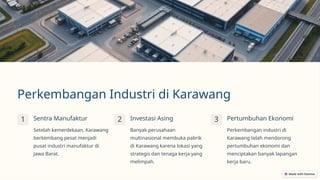 Perkembangan Industri di Karawang
1 Sentra Manufaktur
Setelah kemerdekaan, Karawang
berkembang pesat menjadi
pusat industri manufaktur di
Jawa Barat.
2 Investasi Asing
Banyak perusahaan
multinasional membuka pabrik
di Karawang karena lokasi yang
strategis dan tenaga kerja yang
melimpah.
3 Pertumbuhan Ekonomi
Perkembangan industri di
Karawang telah mendorong
pertumbuhan ekonomi dan
menciptakan banyak lapangan
kerja baru.
 