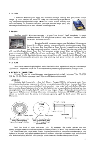 2. ZIP Drive
Keterbatasan kapasitas pada floppy disk mendorong lahirnya teknologi baru yang disebut dengan
Iomega Zip Drive. Perangkat ini terdiri dari floppy drive dan cartridge floppy khusus,
yang mampu menampung samapai hampir 100MB data. Jumlah ini jelas memungkinkan
untuk menampung file multimedia dan grafik (biasanya berukuran mega bytes), yang
sebelumnya tidak dimungkinkan untuk disimpan dalam floppy disk.
3. Harddisk
Harddisk memiliki komponen-komponen : piringan logan (platter), head, rangakaian elektronik,
rangkaian penguat, DSP (digital signal precessor), chip memory, konektor, spindle,
dan actuator arm motor controller.
Kapasitas harddisk bermacam-macam, mulai dari ukuran Mbytes sampai
dengan Gbytes. Ukuran kapasitas yang sangat besar ini sangat menguntungkan dalam
hal penyimpanan data. Seperti halnya floppy disk dan Iomega Zip drive, harddisk
juga dapat menangani penulisan berulang kali dengan kecepatan yang relatif jauh
lebih cepat dibandingkan dengan floppy disk. Tapi sayangnya, terdapat kendala dalam segi mobilitas, karena
untuk memindah-mindahkan harddisk berarti harus membongkar CPU (harddisk tersimpan di dalam CPU).
Ternyata, kendala ini telah dapat diatasi dengan adanya konsep Removable Harddisk. Hardsik dibentuk berupa
cartridge, yang dipasang pada removable rack yang terambung pada power supplay dan kabel data IDE
Interface-nya.
4. CD-ROM
Mulai tahun 1983 sistem penyimpanan data di optical disc mulai diperkenalkan dengan diluncurkannya
Digital Audio Compact Disc. Sejak saat itu mulai berkembanglah teknologi penyuimpanan pada optical disc.
a. TIPE-TIPE PIRINGAN CD
Piringan CD yang kita jumpai dipasaran, pada dasarnya terbagi menjadi 3 golongan. Yaitu CD-ROM,
CDR dan CD-RW. Masing-masing dari tipe CD ini memiliki karateristik tersendiri.
1. CD-ROM
Singkatan dari Compact Disc - Read Only Memory. Piringan CD-ROM ini berwarna perak. Proses
pembuatannya adalah dengan cara menaruh selembar lapisan plastik yang telah disinari oleh sinar laser. Sinar
laser itu akan membentuk semacam pit (lubang) berukuran mikro – yang sangat kecil sekali. Lubang-lubang itu
akan membentuk deretan kode yang isinya berupa data. Sekali tercipta lubang, maka tidak bisa ditutup lagi. Lalu
lapisan plastik itu akan dibungkus lagi oleh plastik cair yang berguna sebagai pelindung dan pemantul. Semua
itu prosesnya dilakukan secara bertahap dalam suatu mesin cetakan. Alat cetakan CD-ROM bentuknya mirip
cetakan kue martabak manis dan analogi pembuatannya juga mirip seperti itu. Lebih jelasnya lihat gambar
dibawah ini;
maka tidak heran jika diberi nama ROM (Read Only Memory). Data didalam CDROM tidak bisa
dihapus sehingga CD-ROM tidak bisa dihapus atau direkam pada alat CD Writer yang biasa kita miliki. Kualitas
CD-ROM ditentukan oleh ketiga lapisan tersebut. Lapisan pemantul harus mampu memantulkan cahaya yang
dipancarkan oleh sinar laser dengan sempurna sehingga informasi yang ada di lapisan data dapat terbaca dengan
baik. Sementara lapisan pelindung harus kuat agar lapisan data tidak rusak karena tergores atau kotor.
15
 