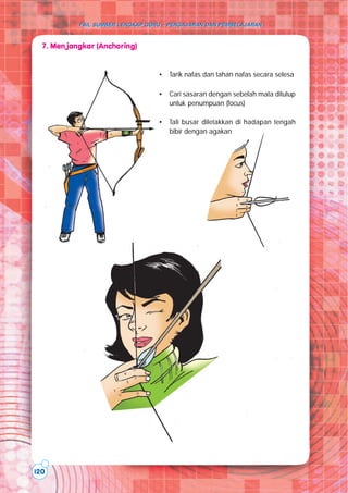 FAIL SUMBER LENGKAP GURU – PENGAJARAN DAN PEMBELAJARAN
FAIL SUMBER LENGKAP GURU – PENGAJARAN DAN PEMBELAJARAN
120
7. Menjangkar (Anchoring)
• Tarik nafas dan tahan nafas secara selesa
• Cari sasaran dengan sebelah mata ditutup
untuk penumpuan (focus)
• Tali busar diletakkan di hadapan tengah
bibir dengan agakan
 
