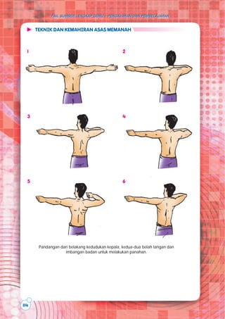FAIL SUMBER LENGKAP GURU – PENGAJARAN DAN PEMBELAJARAN
FAIL SUMBER LENGKAP GURU – PENGAJARAN DAN PEMBELAJARAN
114
TEKNIK DAN KEMAHIRAN ASAS MEMANAH
Pandangan dari belakang kedudukan kepala, kedua-dua belah tangan dan
imbangan badan untuk melakukan panahan.
1 2
3 4
5 6
 