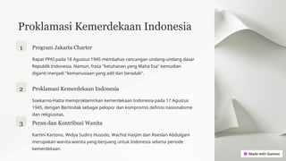 Proklamasi Kemerdekaan Indonesia
1 Program Jakarta Charter
Rapat PPKI pada 18 Agustus 1945 membahas rancangan undang-undang dasar
Republik Indonesia. Namun, frasa "ketuhanan yang Maha Esa" kemudian
diganti menjadi "kemanusiaan yang adil dan beradab".
2 Proklamasi Kemerdekaan Indonesia
Soekarno-Hatta memproklamirkan kemerdekaan Indonesia pada 17 Agustus
1945, dengan Bertindak sebagai pelopor dan kompromis definisi nasionalisme
dan religiusitas.
3 Peran dan Kontribusi Wanita
Kartini Kartono, Widya Sudiro Husodo, Wachid Hasjim dan Roeslan Abdulgani
merupakan wanita-wanita yang berjuang untuk Indonesia selama periode
kemerdekaan.
 
