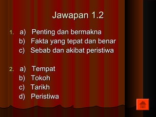 Jawapan 1.2Jawapan 1.2
1.1. a) Penting dan bermaknaa) Penting dan bermakna
b) Fakta yang tepat dan benarb) Fakta yang tepat dan benar
c) Sebab dan akibat peristiwac) Sebab dan akibat peristiwa
2.2. a) Tempata) Tempat
b) Tokohb) Tokoh
c) Tarikhc) Tarikh
d) Peristiwad) Peristiwa
 