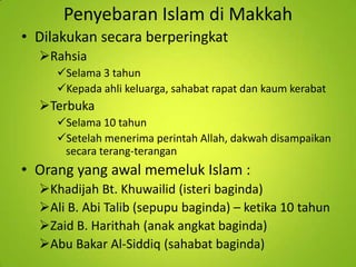 Penyebaran Islam di Makkah
• Dilakukan secara berperingkat
Rahsia
Selama 3 tahun
Kepada ahli keluarga, sahabat rapat dan kaum kerabat

Terbuka
Selama 10 tahun
Setelah menerima perintah Allah, dakwah disampaikan
secara terang-terangan

• Orang yang awal memeluk Islam :
Khadijah Bt. Khuwailid (isteri baginda)
Ali B. Abi Talib (sepupu baginda) – ketika 10 tahun
Zaid B. Harithah (anak angkat baginda)
Abu Bakar Al-Siddiq (sahabat baginda)

 