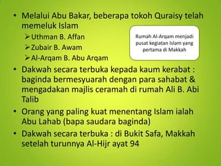• Melalui Abu Bakar, beberapa tokoh Quraisy telah
memeluk Islam
Uthman B. Affan
Zubair B. Awam
Al-Arqam B. Abu Arqam

Rumah Al-Arqam menjadi
pusat kegiatan Islam yang
pertama di Makkah

• Dakwah secara terbuka kepada kaum kerabat :
baginda bermesyuarah dengan para sahabat &
mengadakan majlis ceramah di rumah Ali B. Abi
Talib
• Orang yang paling kuat menentang Islam ialah
Abu Lahab (bapa saudara baginda)
• Dakwah secara terbuka : di Bukit Safa, Makkah
setelah turunnya Al-Hijr ayat 94

 
